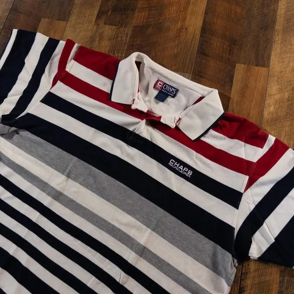 Chaps Ralph Lauren Men's 3XL Navy White Striped Rugby Polo Shirt Vintage 90s